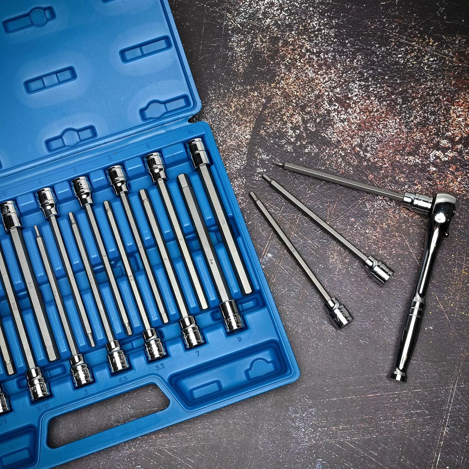 imageNeiko 10076A 38Inch Drive Extra Long Allen Hex Bit Socket Set Metric 3 mm  10 mm  S2 and CrV Steel 7Piece SetSAE and Metric