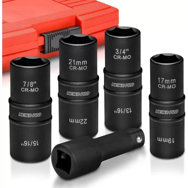 imageNEIKO 02282B 12InchDrive Impact Socket Set Flip Socket Set Chrome Moly Steel Includes 3Inch Bar Extension 8 Deep SAE and Metric Sizes 5 PiecesFlip Socket