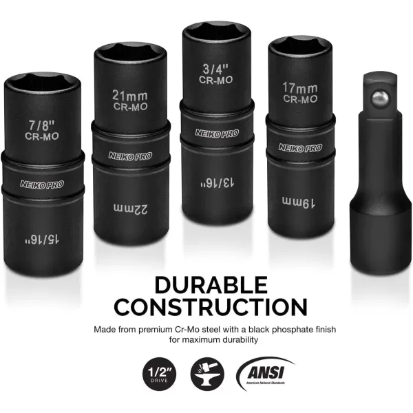 imageNEIKO 02282B 12InchDrive Impact Socket Set Flip Socket Set Chrome Moly Steel Includes 3Inch Bar Extension 8 Deep SAE and Metric Sizes 5 PiecesFlip Socket