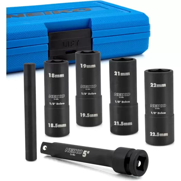 imageNEIKO 02282B 12InchDrive Impact Socket Set Flip Socket Set Chrome Moly Steel Includes 3Inch Bar Extension 8 Deep SAE and Metric Sizes 5 PiecesFlip Socket