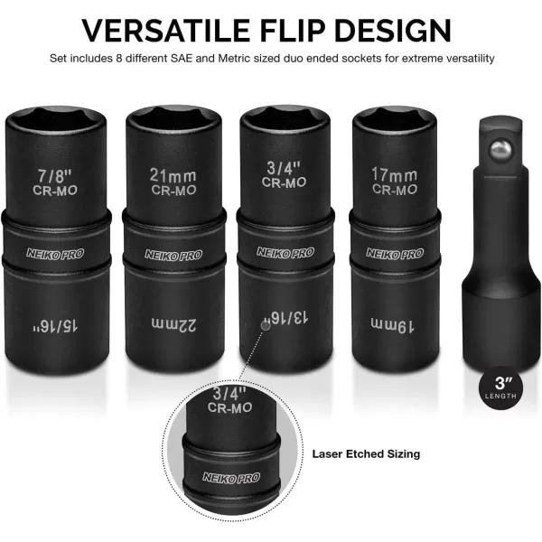 imageNEIKO 02282B 12InchDrive Impact Socket Set Flip Socket Set Chrome Moly Steel Includes 3Inch Bar Extension 8 Deep SAE and Metric Sizes 5 PiecesFlip Socket