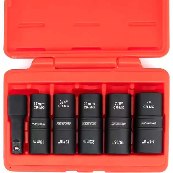 imageNEIKO 02282B 12InchDrive Impact Socket Set Flip Socket Set Chrome Moly Steel Includes 3Inch Bar Extension 8 Deep SAE and Metric Sizes 5 PiecesFlip Socket
