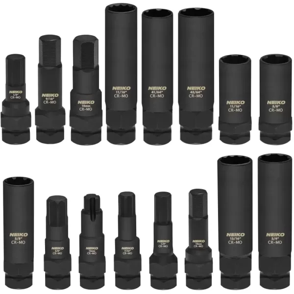 imageNEIKO 02282B 12InchDrive Impact Socket Set Flip Socket Set Chrome Moly Steel Includes 3Inch Bar Extension 8 Deep SAE and Metric Sizes 5 PiecesLug Nut Key