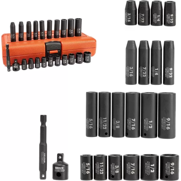 imageNEIKO 02437A 14 Drive Impact Socket Set 54 Piece Metric ampamp Standard Deep ampamp Shallow Chrome Vanadium Steel 38 to 14 Reducer Hex Shank Adapter Metric and Standard Deep Socket SetSAE