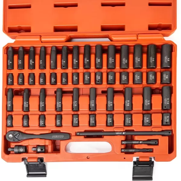imageNEIKO 02437A 14 Drive Impact Socket Set 54 Piece Metric ampamp Standard Deep ampamp Shallow Chrome Vanadium Steel 38 to 14 Reducer Hex Shank Adapter Metric and Standard Deep Socket SetSAE and Metric