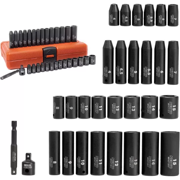 imageNEIKO 02437A 14 Drive Impact Socket Set 54 Piece Metric ampamp Standard Deep ampamp Shallow Chrome Vanadium Steel 38 to 14 Reducer Hex Shank Adapter Metric and Standard Deep Socket SetMetric