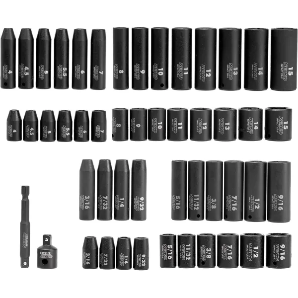 imageNEIKO 02437A 14 Drive Impact Socket Set 54 Piece Metric ampamp Standard Deep ampamp Shallow Chrome Vanadium Steel 38 to 14 Reducer Hex Shank Adapter Metric and Standard Deep Socket SetSAE and Metric