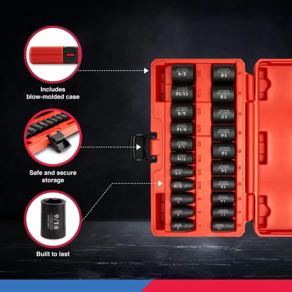 imageNEIKO 02440A 38InchDrive Impact Socket Set SAE Sizes 516quot to 34quot and Metric Sizes 8 mm to 19 mm Includes Extension Bars and UJoint 44 PiecesSAE and Metric