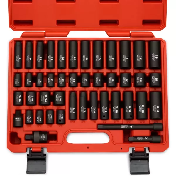 imageNEIKO 02440A 38InchDrive Impact Socket Set SAE Sizes 516quot to 34quot and Metric Sizes 8 mm to 19 mm Includes Extension Bars and UJoint 44 PiecesSAE and Metric