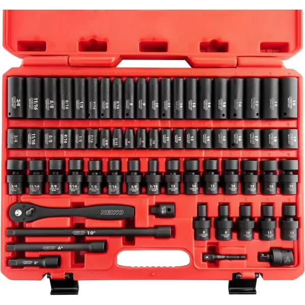 imageNEIKO 02440A 38InchDrive Impact Socket Set SAE Sizes 516quot to 34quot and Metric Sizes 8 mm to 19 mm Includes Extension Bars and UJoint 44 PiecesSAE and Metric