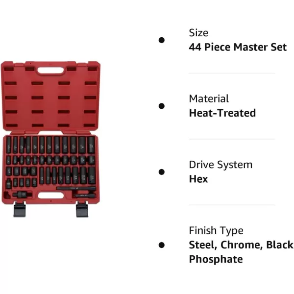 imageNEIKO 02440A 38InchDrive Impact Socket Set SAE Sizes 516quot to 34quot and Metric Sizes 8 mm to 19 mm Includes Extension Bars and UJoint 44 PiecesSAE and Metric