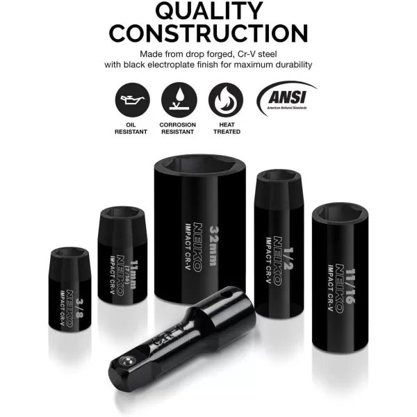 imageNEIKO 02440A 38InchDrive Impact Socket Set SAE Sizes 516quot to 34quot and Metric Sizes 8 mm to 19 mm Includes Extension Bars and UJoint 44 PiecesSAE and Metric