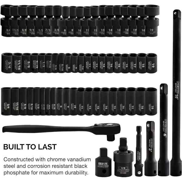 imageNEIKO 02440A 38InchDrive Impact Socket Set SAE Sizes 516quot to 34quot and Metric Sizes 8 mm to 19 mm Includes Extension Bars and UJoint 44 PiecesSAE and Metric