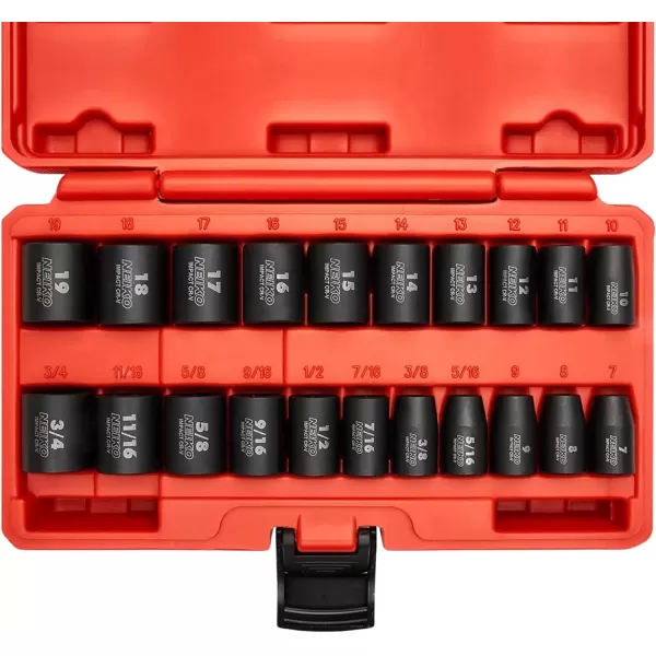 imageNEIKO 02440A 38InchDrive Impact Socket Set SAE Sizes 516quot to 34quot and Metric Sizes 8 mm to 19 mm Includes Extension Bars and UJoint 44 PiecesSAE and Metric