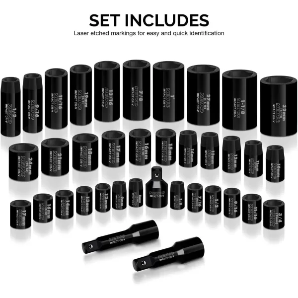 imageNEIKO 02440A 38InchDrive Impact Socket Set SAE Sizes 516quot to 34quot and Metric Sizes 8 mm to 19 mm Includes Extension Bars and UJoint 44 PiecesSAE and Metric