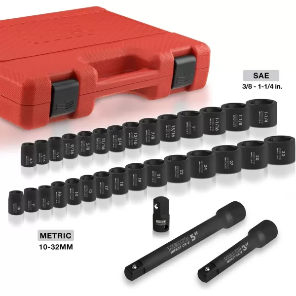 imageNEIKO 02448A 12quot Drive Master Impact Socket Set 65 Piece Standard SAE 38quot114quot ampamp Metric 1024 mm Sizes Deep ampamp Shallow Kit Includes Adapters ampamp Ratchet HandleSAE and Metric
