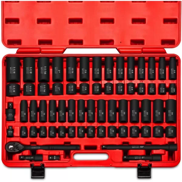 imageNEIKO 02448A 12quot Drive Master Impact Socket Set 65 Piece Standard SAE 38quot114quot ampamp Metric 1024 mm Sizes Deep ampamp Shallow Kit Includes Adapters ampamp Ratchet HandleSAE and Metric