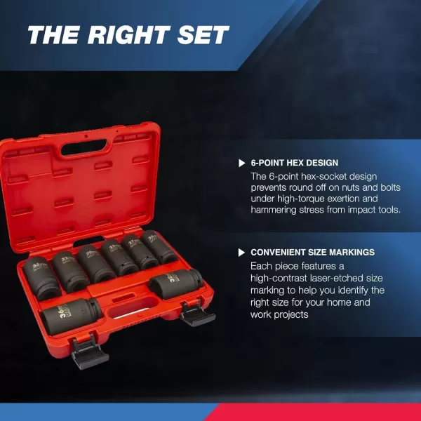 imageNEIKO 02461A 34 Inch Drive Impact Socket Set SAE 1 to 112 8 PC DeepJumbo Sockets Chrome Vanadium CrVMetric