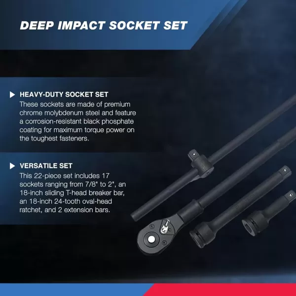 imageNEIKO 02461A 34 Inch Drive Impact Socket Set SAE 1 to 112 8 PC DeepJumbo Sockets Chrome Vanadium CrVSAE