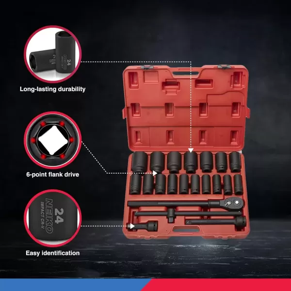 imageNEIKO 02461A 34 Inch Drive Impact Socket Set SAE 1 to 112 8 PC DeepJumbo Sockets Chrome Vanadium CrVSAE
