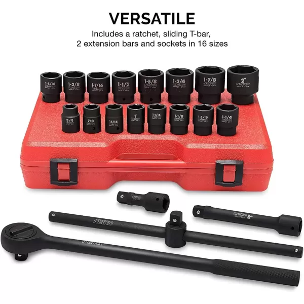 imageNEIKO 02461A 34 Inch Drive Impact Socket Set SAE 1 to 112 8 PC DeepJumbo Sockets Chrome Vanadium CrVSAE