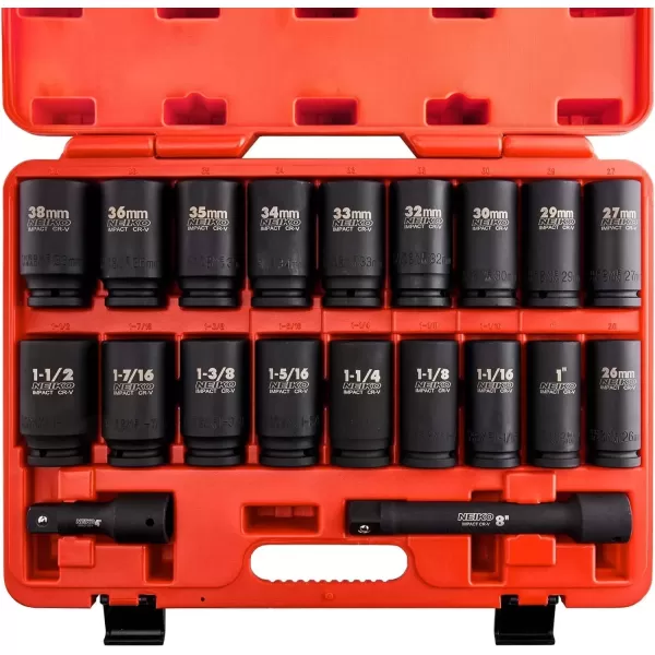 imageNEIKO 02461A 34 Inch Drive Impact Socket Set SAE 1 to 112 8 PC DeepJumbo Sockets Chrome Vanadium CrVSAE and Metric