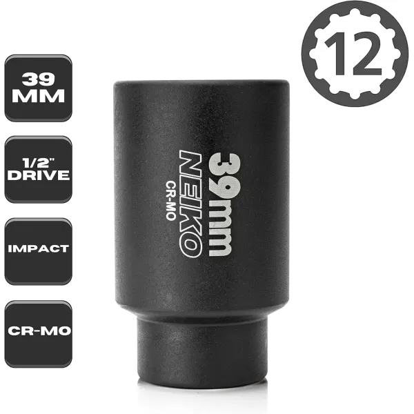 imageNEIKO 02522A 30mm Socket  12 Drive Deep Impact Socket  Spindle ampamp Axle Nut Socket  12 Point Chrome Molybdenum CrMo Deep Well Hub  Triple Square  Axle Shaft Nut Remover39 MM