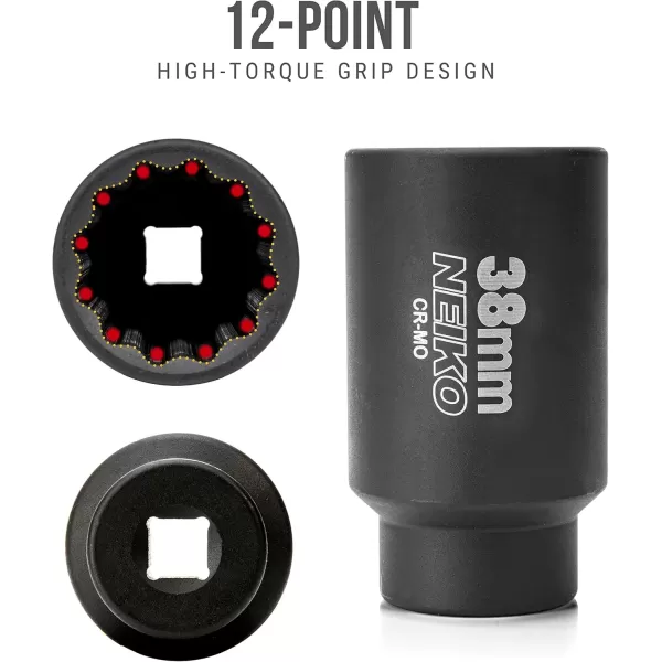 imageNEIKO 02522A 30mm Socket  12 Drive Deep Impact Socket  Spindle ampamp Axle Nut Socket  12 Point Chrome Molybdenum CrMo Deep Well Hub  Triple Square  Axle Shaft Nut Remover38 MM