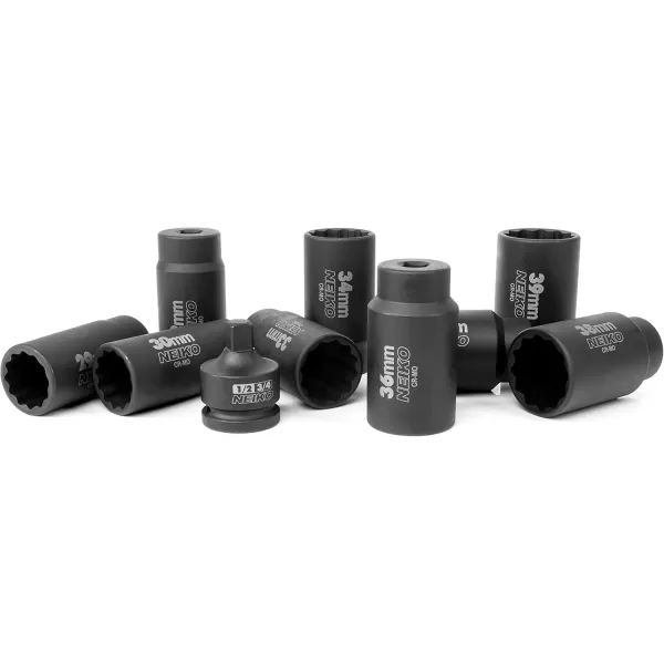 imageNEIKO 02522A 30mm Socket  12 Drive Deep Impact Socket  Spindle ampamp Axle Nut Socket  12 Point Chrome Molybdenum CrMo Deep Well Hub  Triple Square  Axle Shaft Nut Remover10 Piece Set