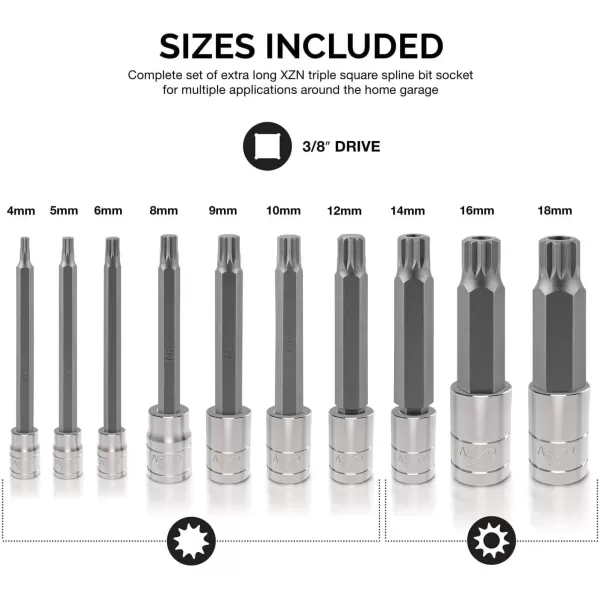 imageNEIKO 10056A 14Inch 38Inch ampamp 12Inch Drive XZN Triple Square Spline Bit Socket Set  10 Piece Set  CrV Sockets and S2 Steel BitsExtraLong