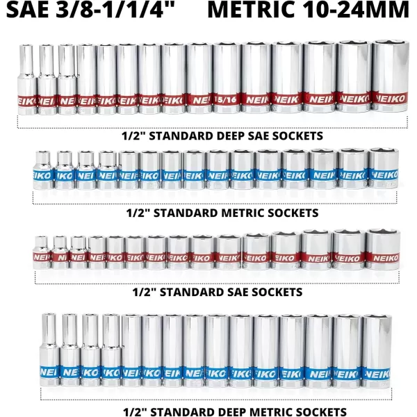 imageNeiko 02514A 14 InchDrive Ratchet and Small Socket Set 58Piece Chrome Vanadium Steel Multicolor12 Drive