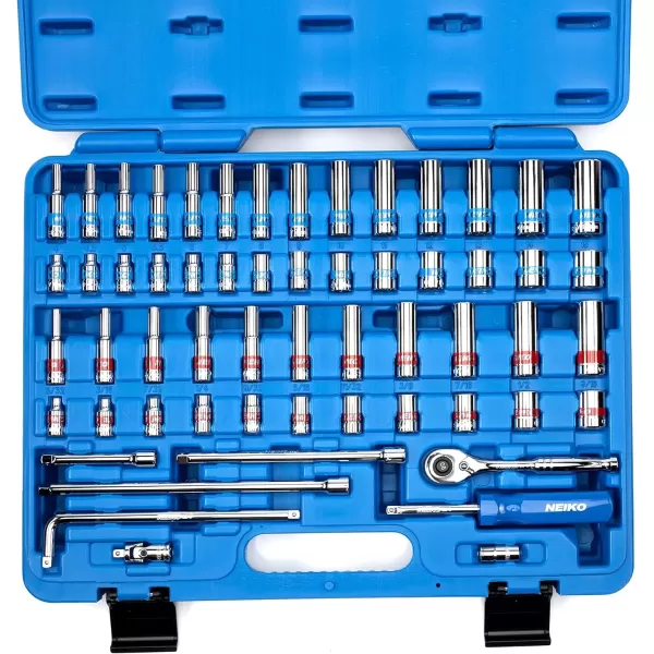 imageNeiko 02514A 14 InchDrive Ratchet and Small Socket Set 58Piece Chrome Vanadium Steel Multicolor14 Drive