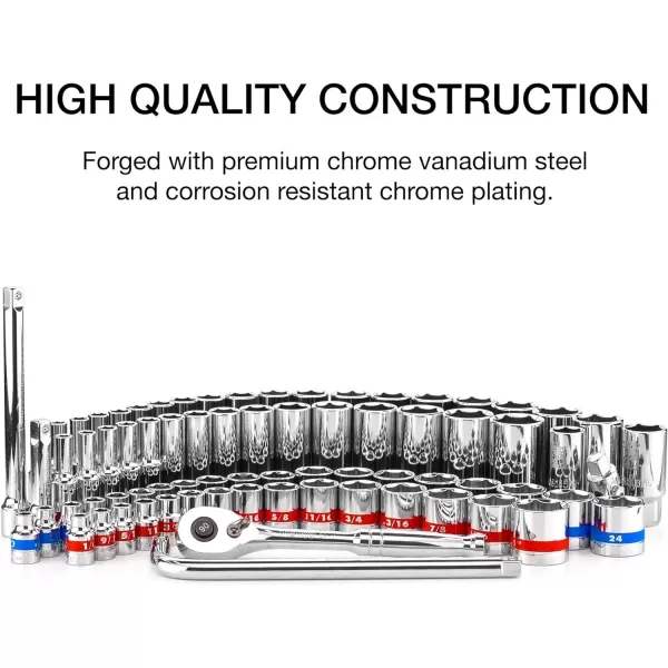 imageNeiko 02514A 14 InchDrive Ratchet and Small Socket Set 58Piece Chrome Vanadium Steel Multicolor38 Drive