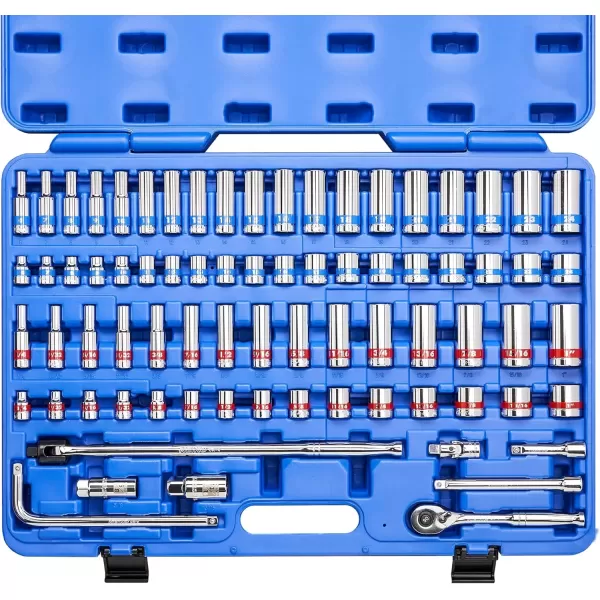 imageNeiko 02514A 14 InchDrive Ratchet and Small Socket Set 58Piece Chrome Vanadium Steel Multicolor38 Drive