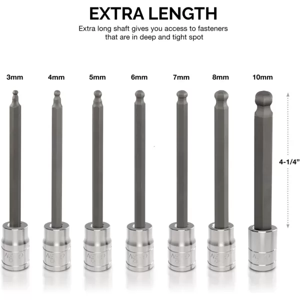 imageNeiko 10076A 38Inch Drive Extra Long Allen Hex Bit Socket Set Metric 3 mm  10 mm  S2 and CrV Steel 7Piece SetMetric