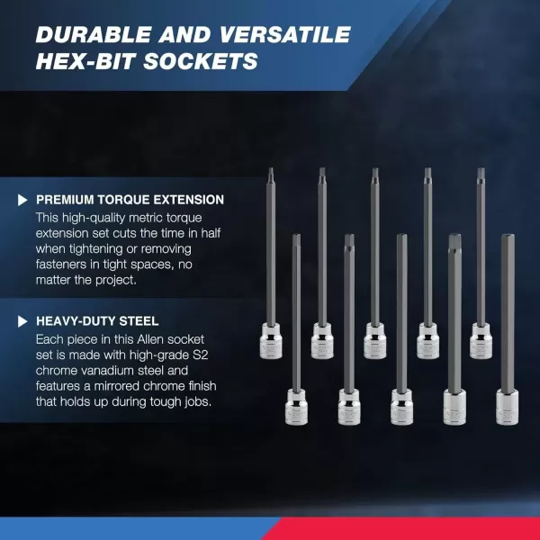 imageNeiko 10076A 38Inch Drive Extra Long Allen Hex Bit Socket Set Metric 3 mm  10 mm  S2 and CrV Steel 7Piece SetMetric