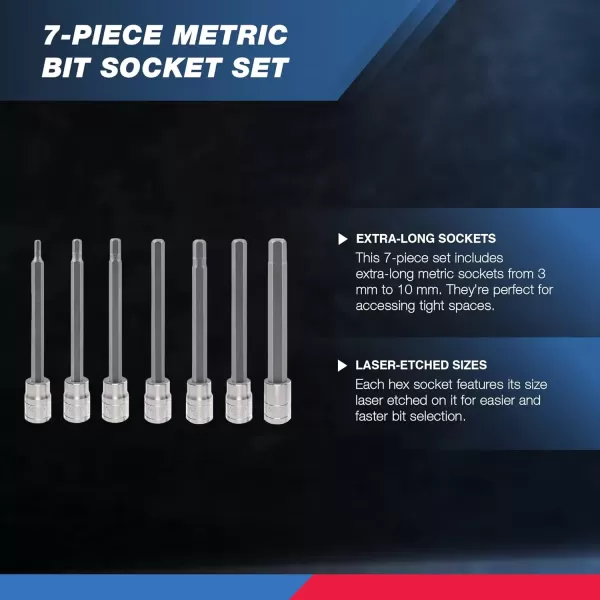 imageNeiko 10076A 38Inch Drive Extra Long Allen Hex Bit Socket Set Metric 3 mm  10 mm  S2 and CrV Steel 7Piece SetMetric