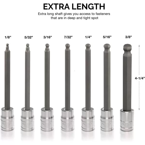 imageNeiko 10076A 38Inch Drive Extra Long Allen Hex Bit Socket Set Metric 3 mm  10 mm  S2 and CrV Steel 7Piece SetSAE