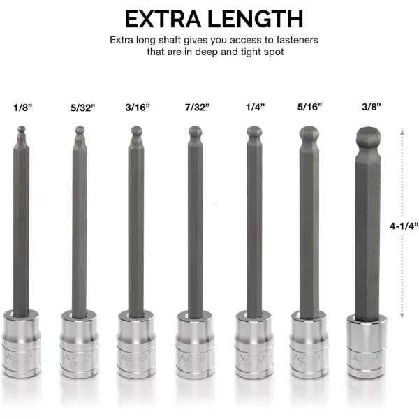 imageNeiko 10076A 38Inch Drive Extra Long Allen Hex Bit Socket Set Metric 3 mm  10 mm  S2 and CrV Steel 7Piece SetSAE