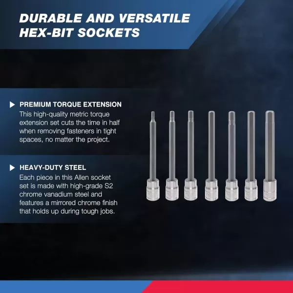 imageNeiko 10076A 38Inch Drive Extra Long Allen Hex Bit Socket Set Metric 3 mm  10 mm  S2 and CrV Steel 7Piece SetSAE