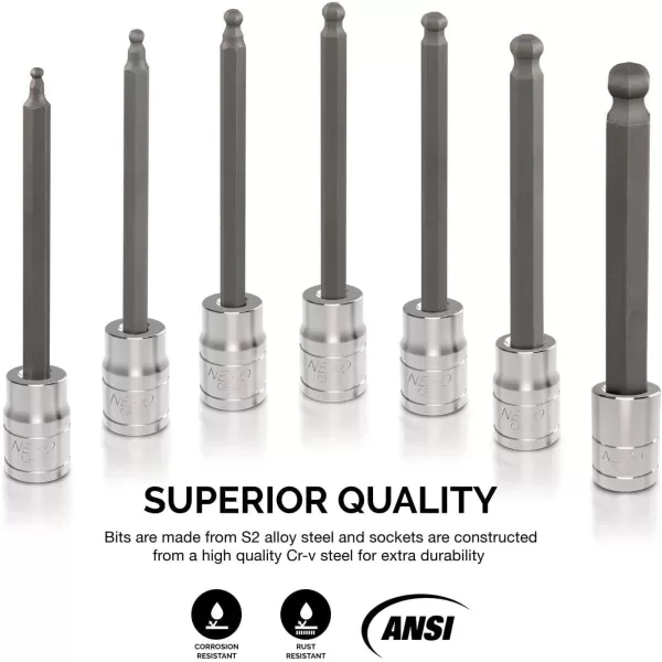 imageNeiko 10076A 38Inch Drive Extra Long Allen Hex Bit Socket Set Metric 3 mm  10 mm  S2 and CrV Steel 7Piece SetSAE