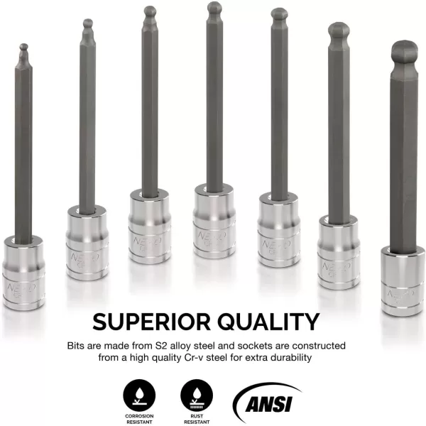 imageNeiko 10076A 38Inch Drive Extra Long Allen Hex Bit Socket Set Metric 3 mm  10 mm  S2 and CrV Steel 7Piece SetSAE