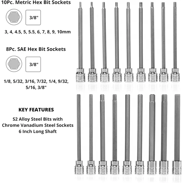 imageNeiko 10076A 38Inch Drive Extra Long Allen Hex Bit Socket Set Metric 3 mm  10 mm  S2 and CrV Steel 7Piece SetSAE and Metric