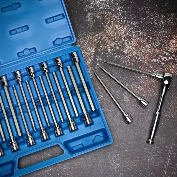 imageNeiko 10076A 38Inch Drive Extra Long Allen Hex Bit Socket Set Metric 3 mm  10 mm  S2 and CrV Steel 7Piece SetSAE and Metric