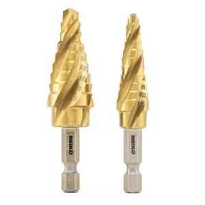 imageNEIKO 10194A Titanium Step Drill Bit HighSpeed AlloySteel Bit Hole Expander for Wood and Metal 10 Step Sizes from 14 Inch to 1 38 Inches4 Flute Spiral