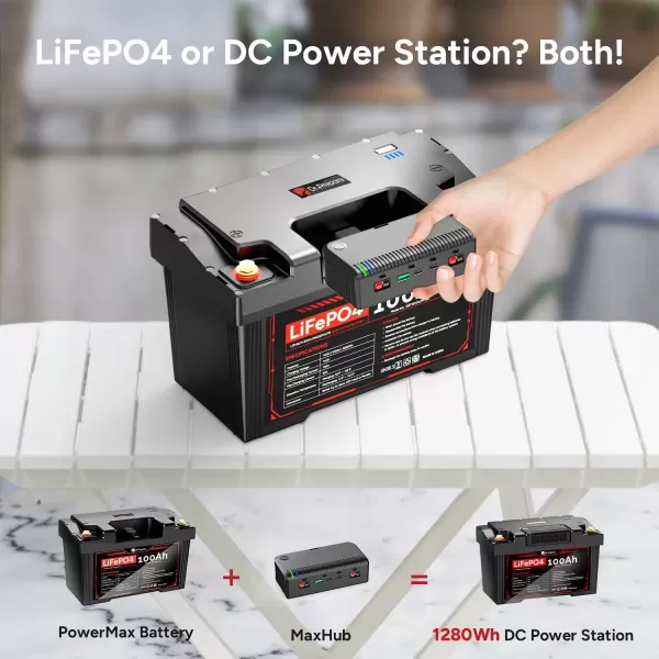 imageDRPREPARE 12V 100Ah LiFePO4 Battery with Hub 1280Wh Portable Power Station Solar Powered Battery Battery Backup Power Supply for Home CPAP Outdoor RV Off Grid Applications POWERMAX2