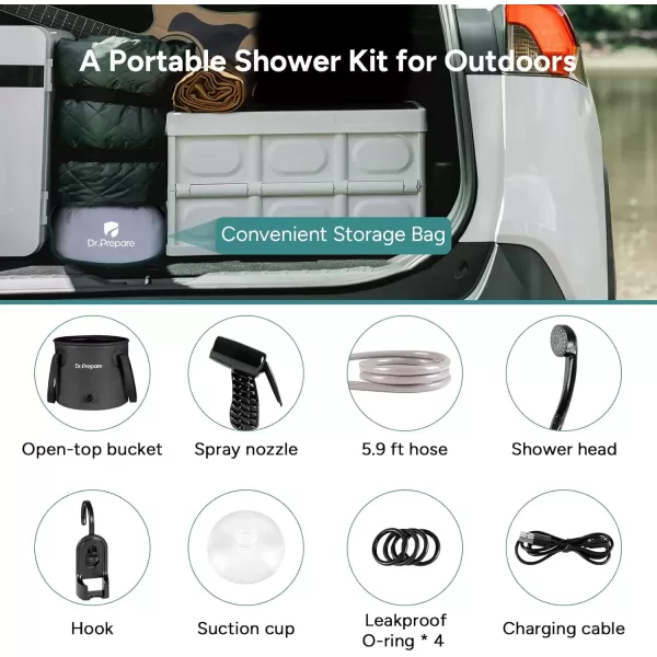 imageDRPREPARE 45 Gallons Portable Shower for Camping 17L Camping Shower with Pump USB Rechargeable Battery 2 Shower Heads Large Water Flow Portable Shower for Beach Hiking Outdoor Pet Cleaning