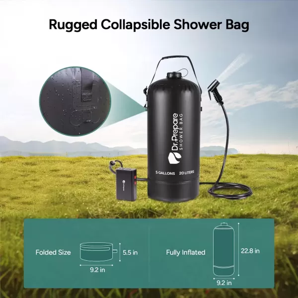 imageDRPREPARE Portable Shower with Rechargeable Electric Pump 4 Gallons5 Gallons Outdoor Camp Shower Bag Fast Inflation Dual Shower Options Portable for Camping Hiking Beach5 Gallons