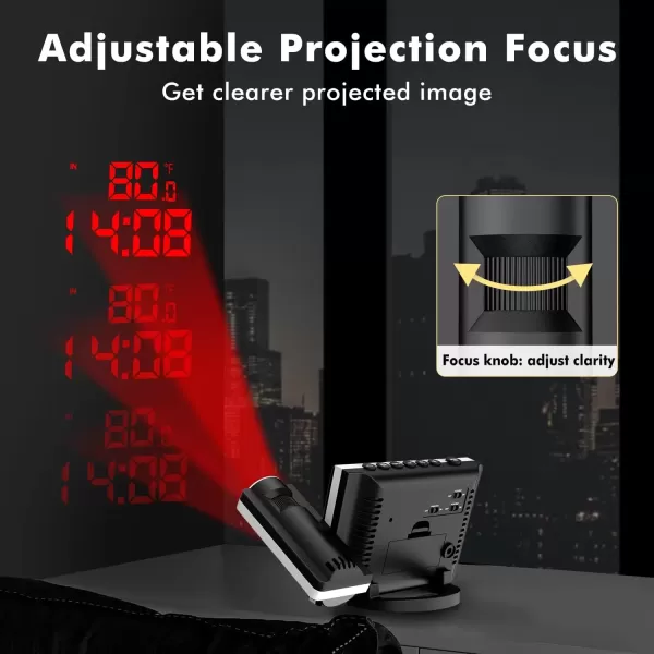 imageDRPREPARE Projection Alarm Clock Adjustable Projection Focus Wireless Indoor Outdoor Temperature Humidity Monitor 180 Projector Snooze Weather Forecast Dual Alarms for Bedroom Heavy SleeperUpgrade