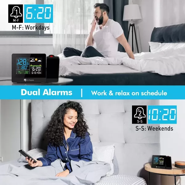 imageDRPREPARE Projection Alarm Clock Adjustable Projection Focus Wireless Indoor Outdoor Temperature Humidity Monitor 180 Projector Snooze Weather Forecast Dual Alarms for Bedroom Heavy SleeperStandard